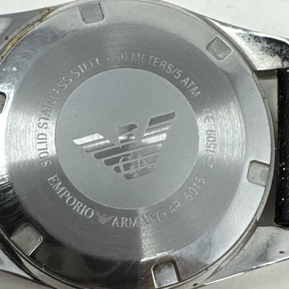 Emporio Armani Black Leather‎ Band Mens Watch AR6015 Needs Battery